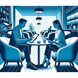 DALL·E 2023-10-14 18.38.21 - Vector illustration in shades of blue, capturing the ambiance of a modern cafe. A man and a woman of diverse descent sit comfortably at a table, their